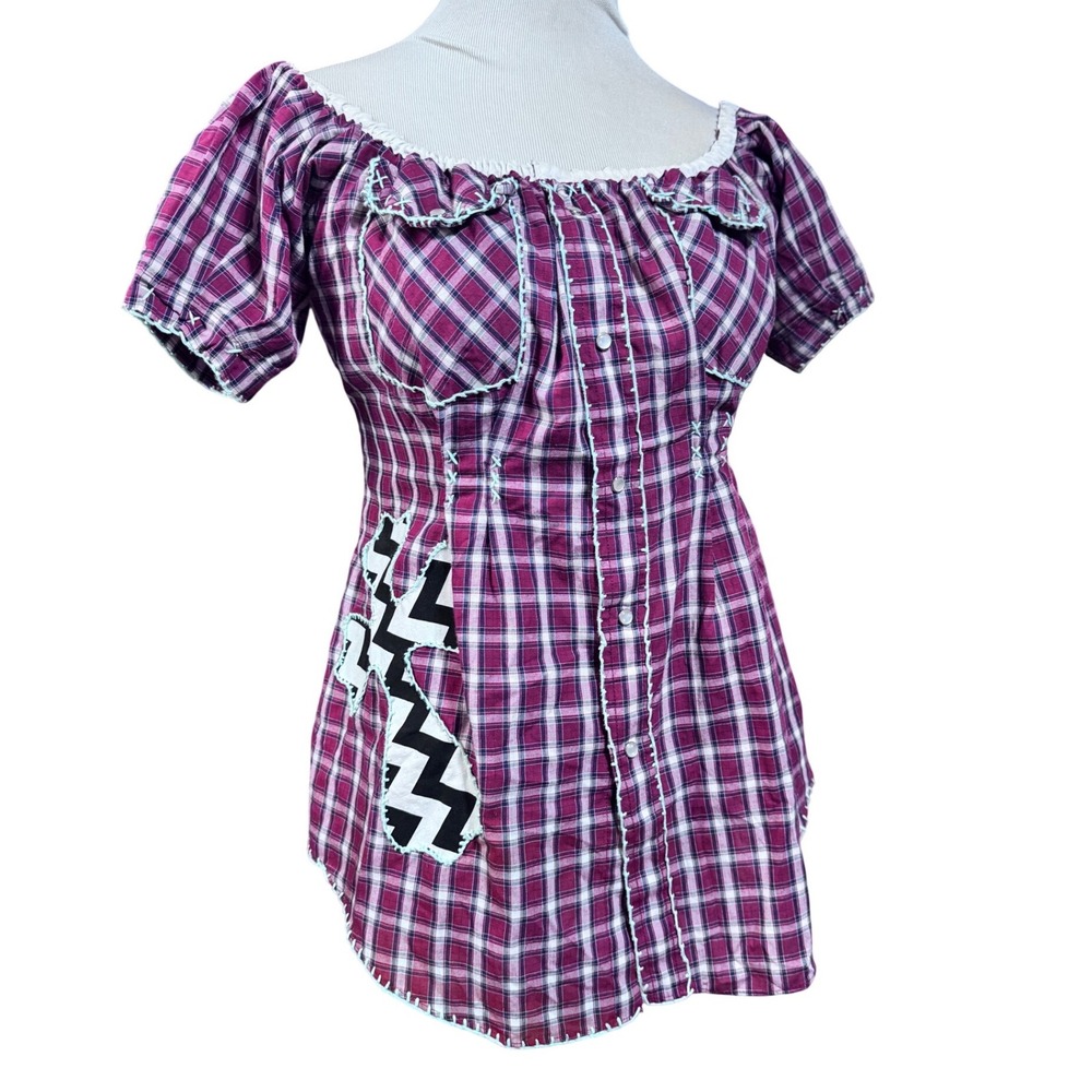 Unbranded‎ Plaid Off Shoulder Top Embroidered Red White Small Western Boho Y2K